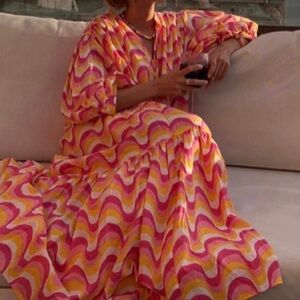 Emily Levine Sunset Flow Nala Maxi Dress Pink Yellow psychedelic block print OS